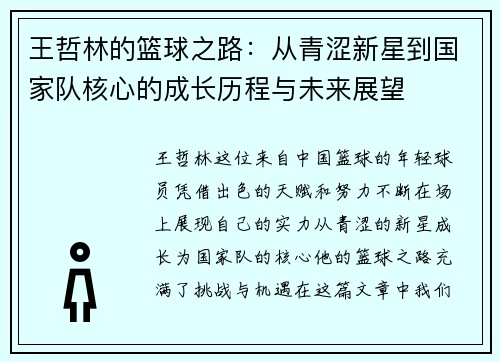 王哲林的篮球之路：从青涩新星到国家队核心的成长历程与未来展望